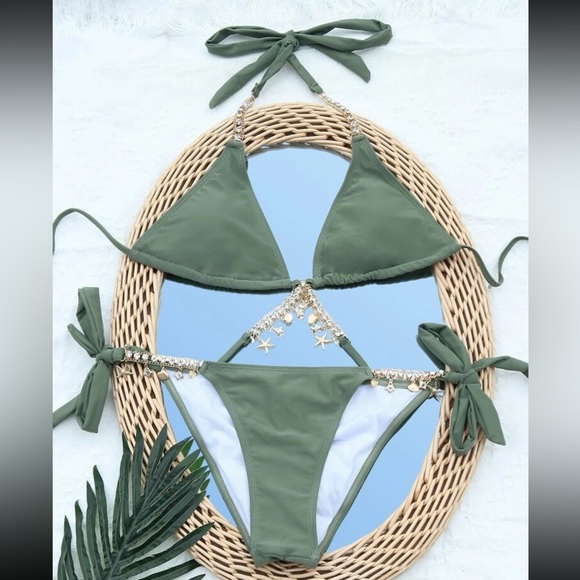 Chain Linked Halter Triangle Tie Side Bikini Swimsuit - Picture 2 of 3